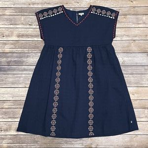 Lucky Brand Navy Embroidered V Neck Short Sleeve Empire Girls Dress NWT Large